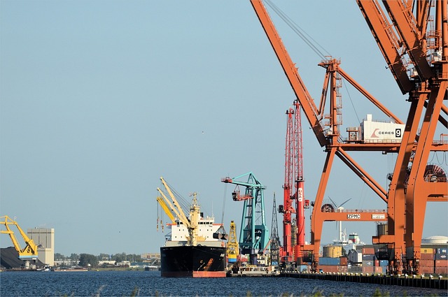 Cargo ship loaded with freight containers at a port